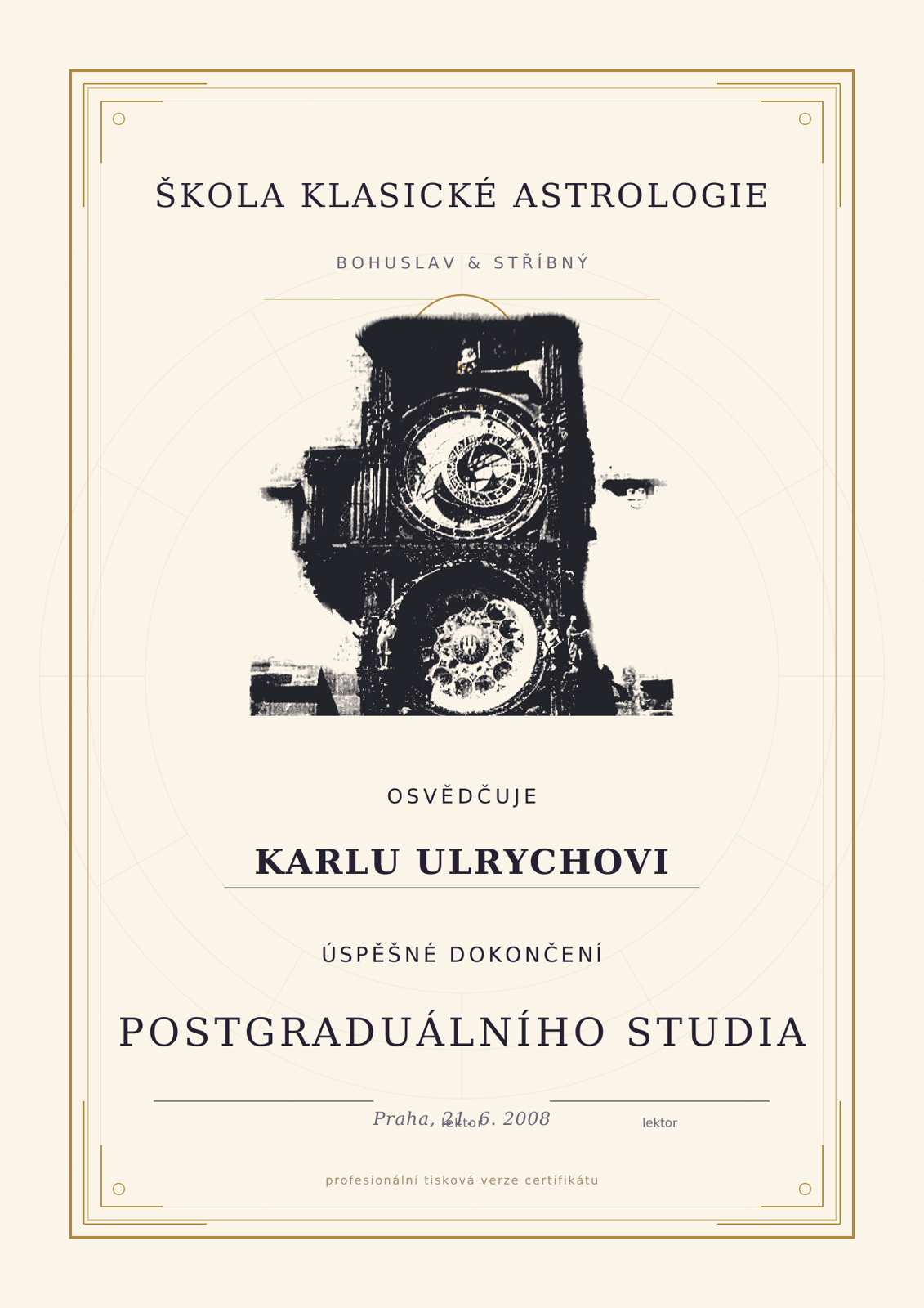Náhled certifikátu postgraduálního studia klasické astrologie Ing. Karla Ulrycha